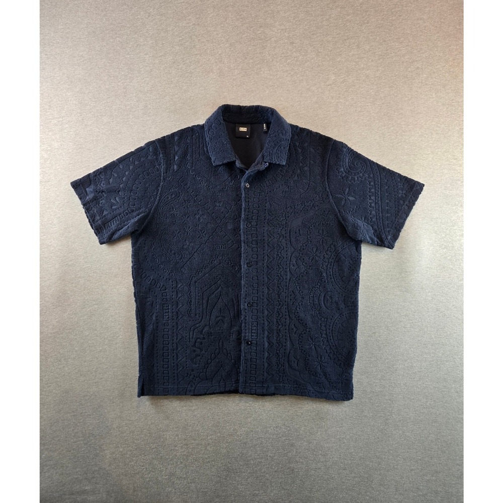 Kith Thompson Camp Collar Shirt Mens XL Nocturnal Blue Terry Toweling Paisley